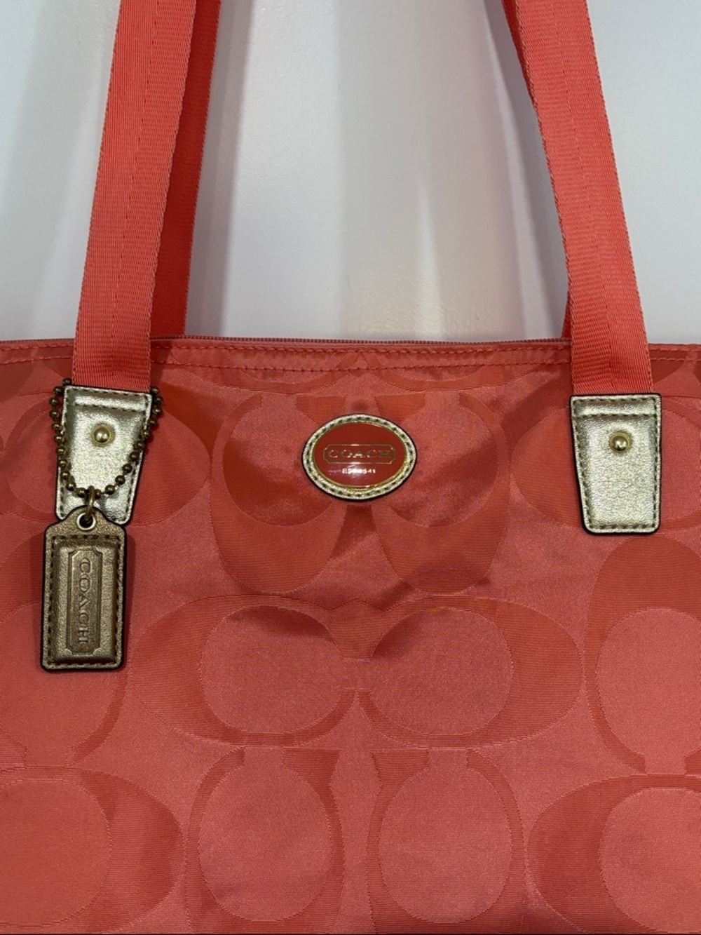 Coach Coral Signature C’s Jacquard Tote with Gold Hang Tag & Accents - Picture 2 of 11